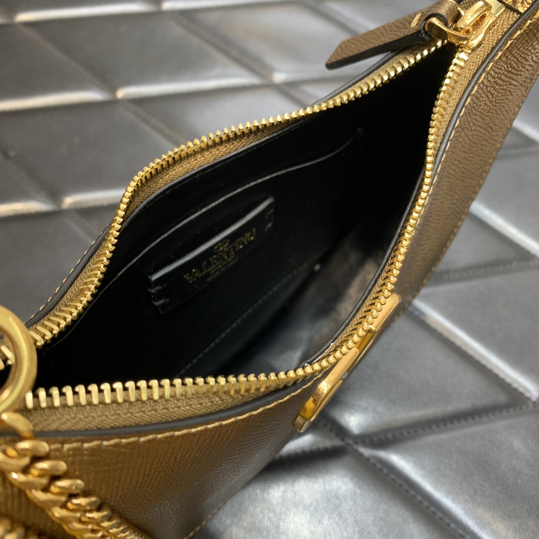 Valentino Garavani VLogo Signature Hobo Bag in Gold Grainy Calfskin Leather 